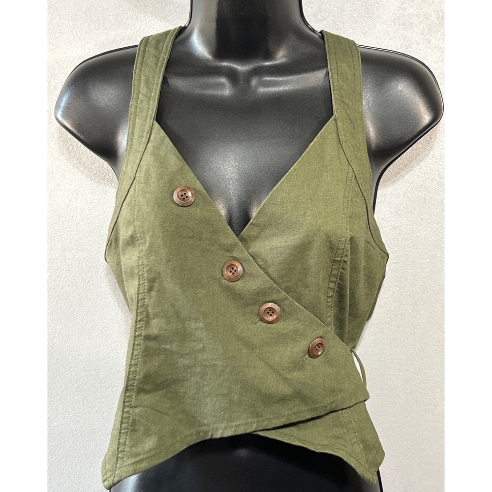 Moon River Olive Green Linen Asymmetric Wrap Vest Tie Back Top Size M MR2850